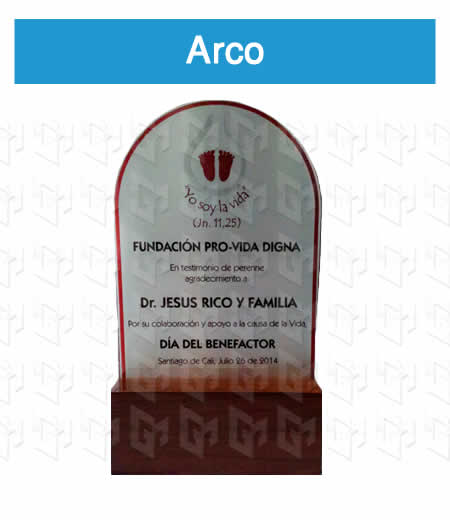 trofeo arco en madera con placa estampada